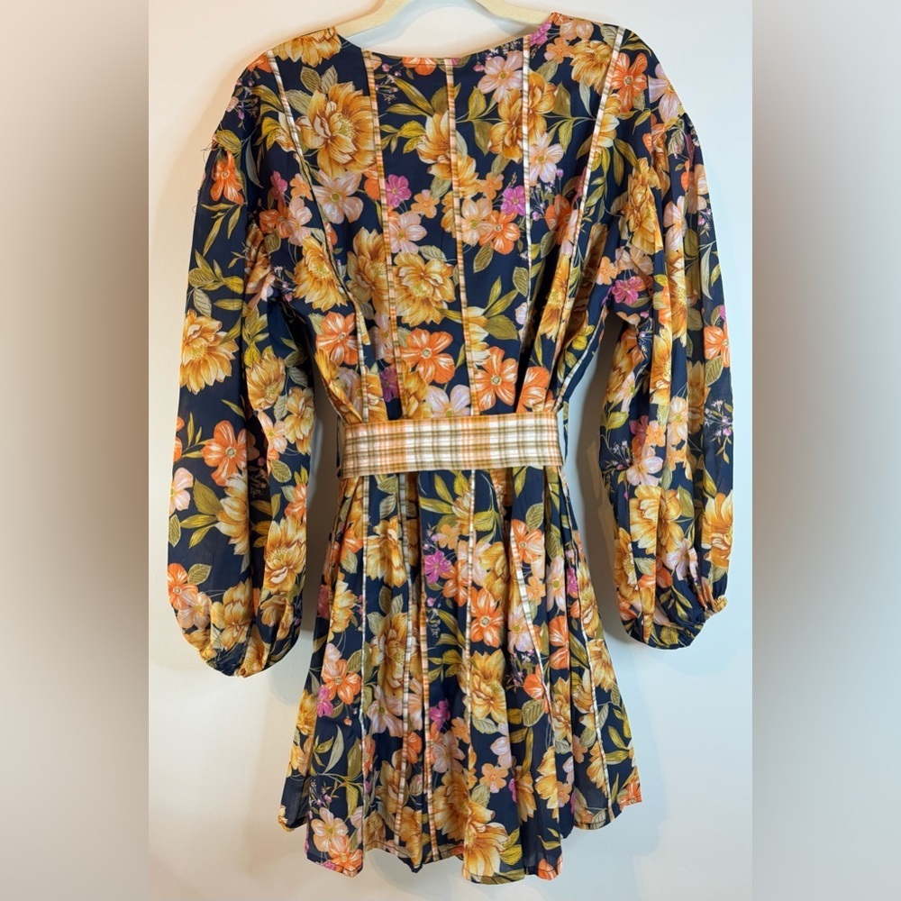 NEW Fate Floral Daydream Mini Dress Balloon Sleeves Contrasting Plaid Belt - Picture 5 of 12